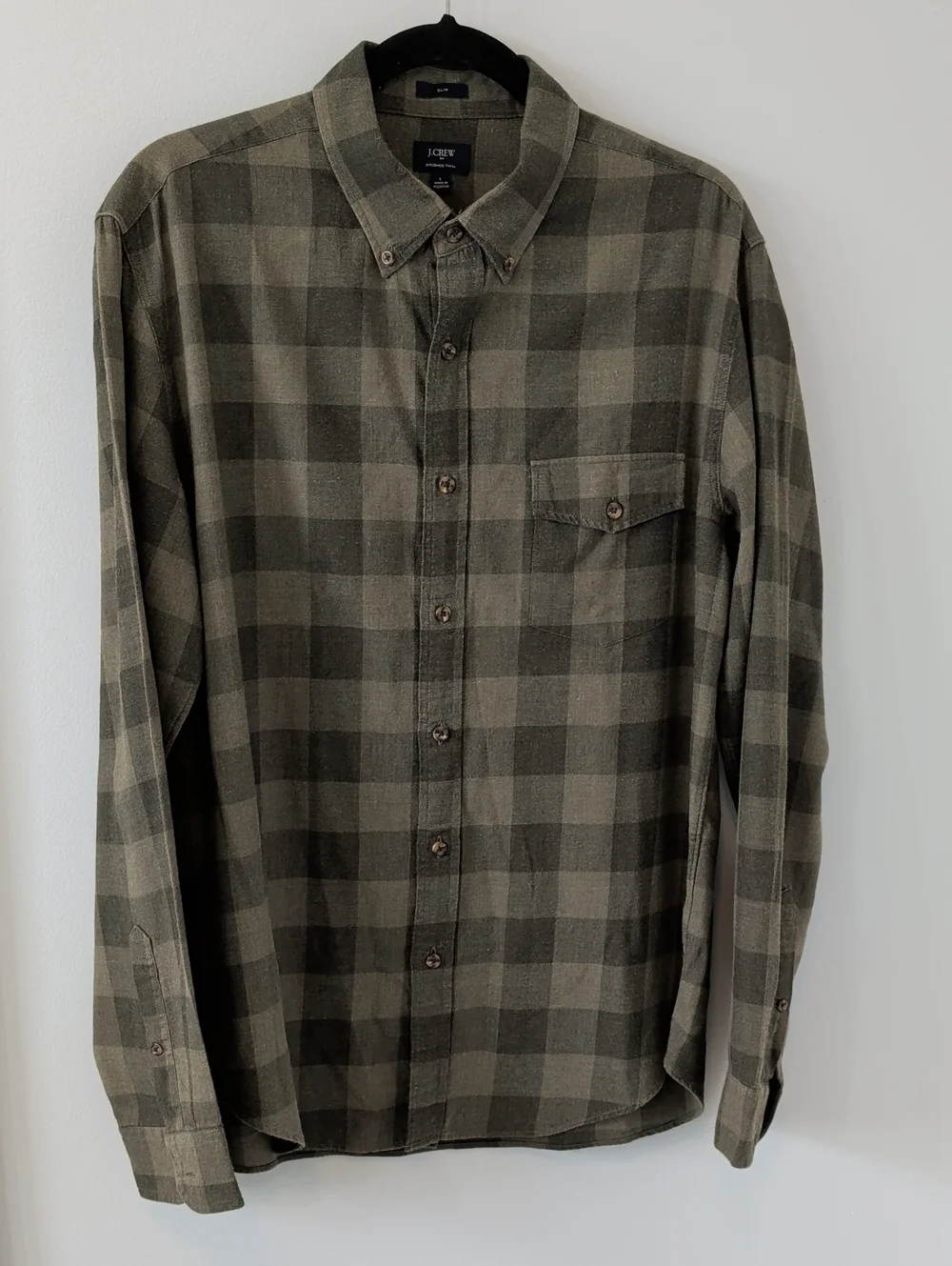J. Crew Olive and Dark Green Plaid Lightweight Flannel Button-Down Shirt L
